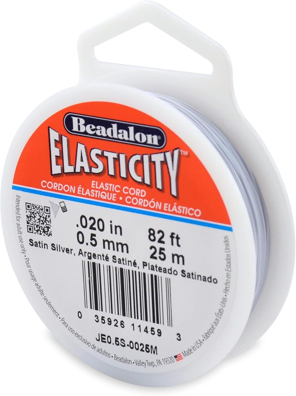 Beadalon Elasticity Stretch Cord, 0.5 mm / .020 in, Satin Silver, 25 m / 82 ft